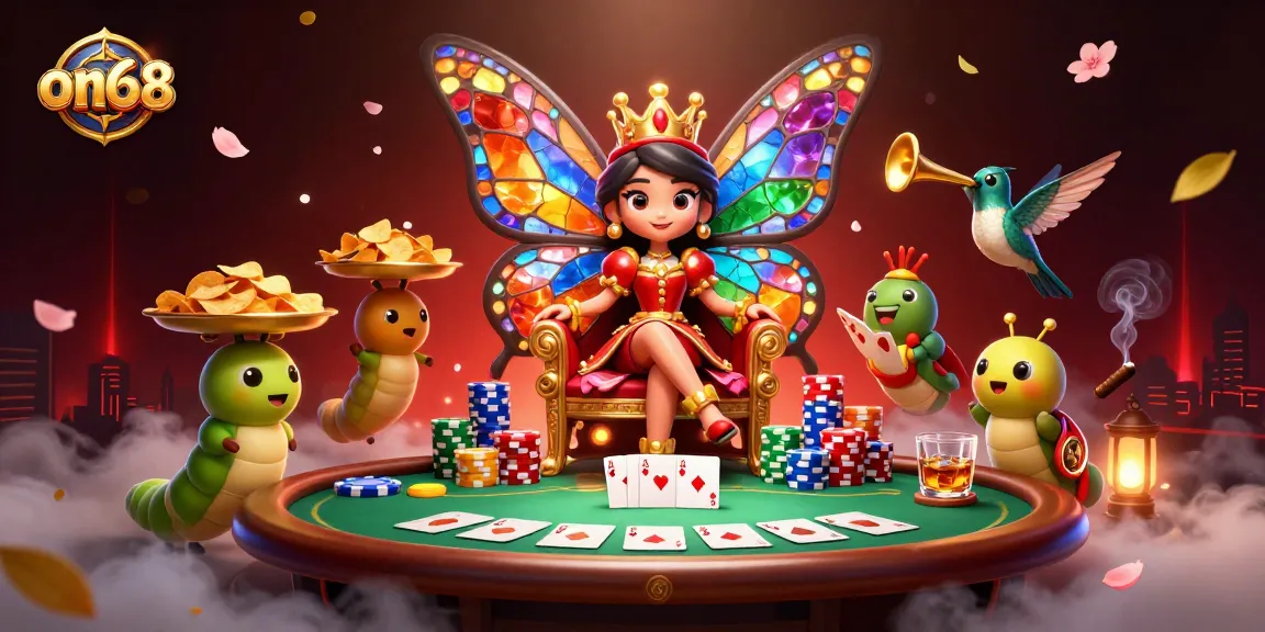 Experience the excitement of on68 with a vibrant casino scene of a butterfly queen and poker action.