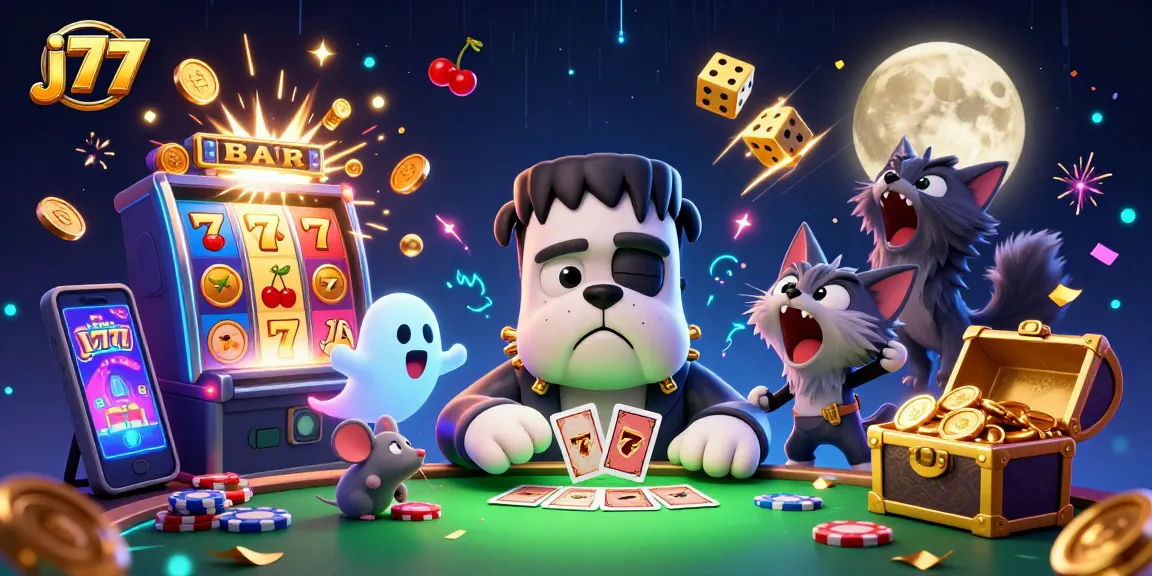 Experience winning at j77 with a lively 3D cartoon casino scene featuring unique characters.