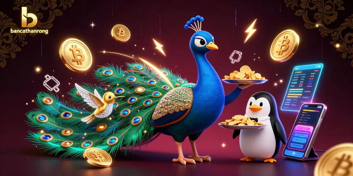 bancathanrong casino scene featuring an aristocratic peacock, coins, and crypto elements in a vibrant illustration