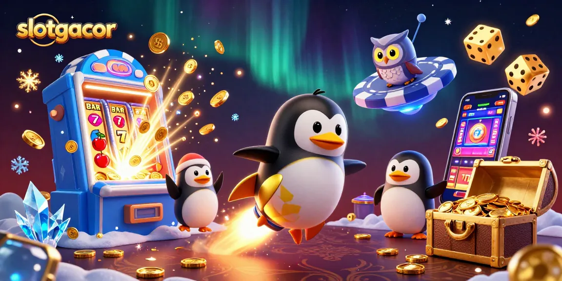 Potret slotgacor dengan penguin emas meluncur di luar angkasa menuju kasino menyerupai cip poker.