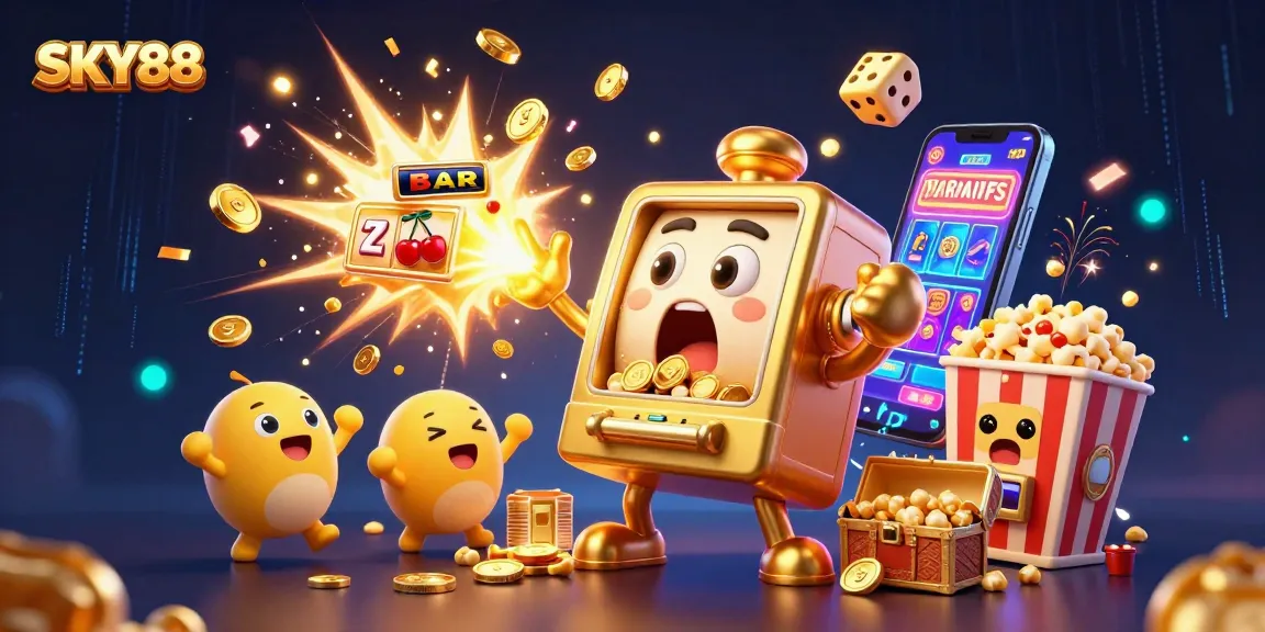 SKY88 slot machine hits the jackpot, surrounded by cheering characters and vibrant casino elements.