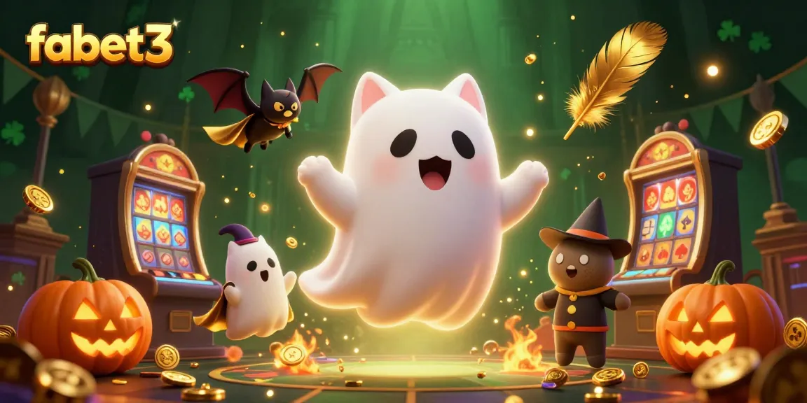 Engage with fabet3's vibrant haunted casino scene featuring a ghost cat and vampire bat amidst glowing poker symbols.