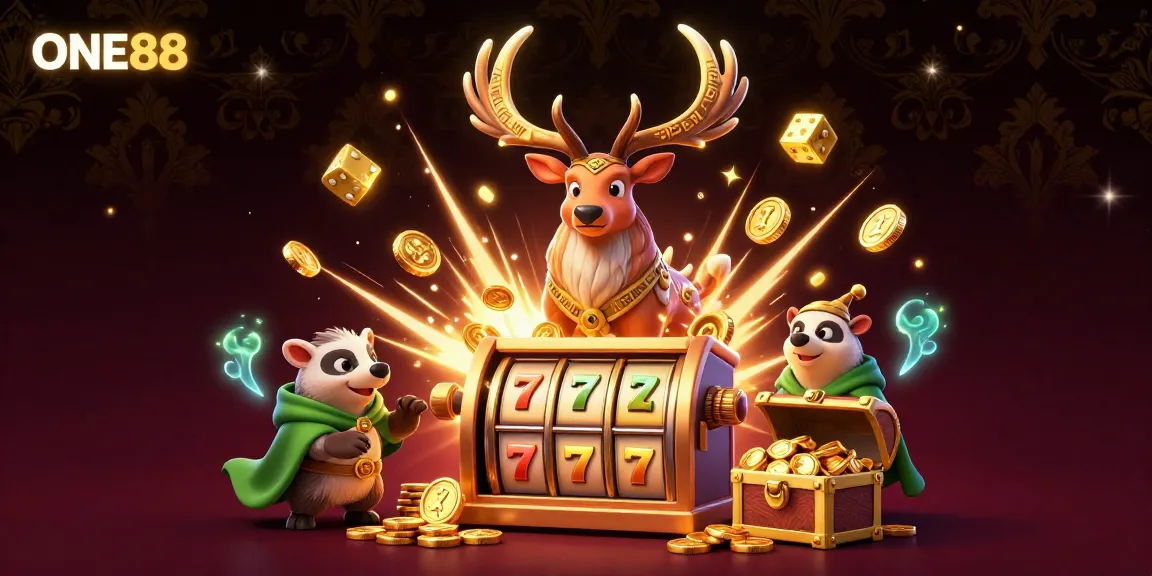 Experience the excitement of ONE88 with a vibrant casino scene featuring dynamic slots and magical characters.