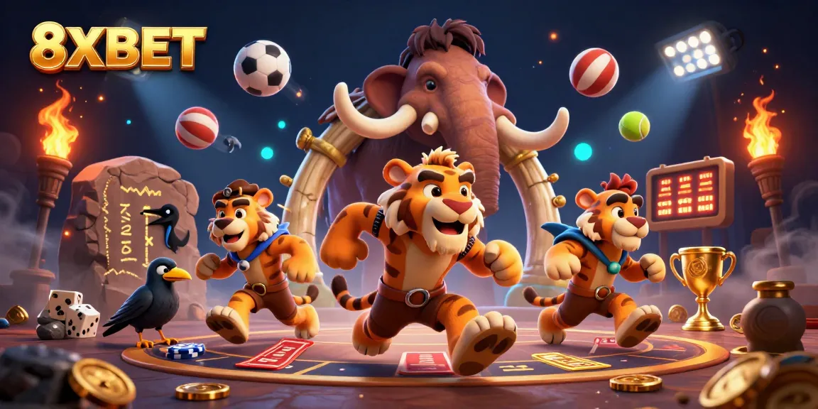 Experience the thrill of 8XBET with engaging gambling elements and characters in a vibrant casino scene.