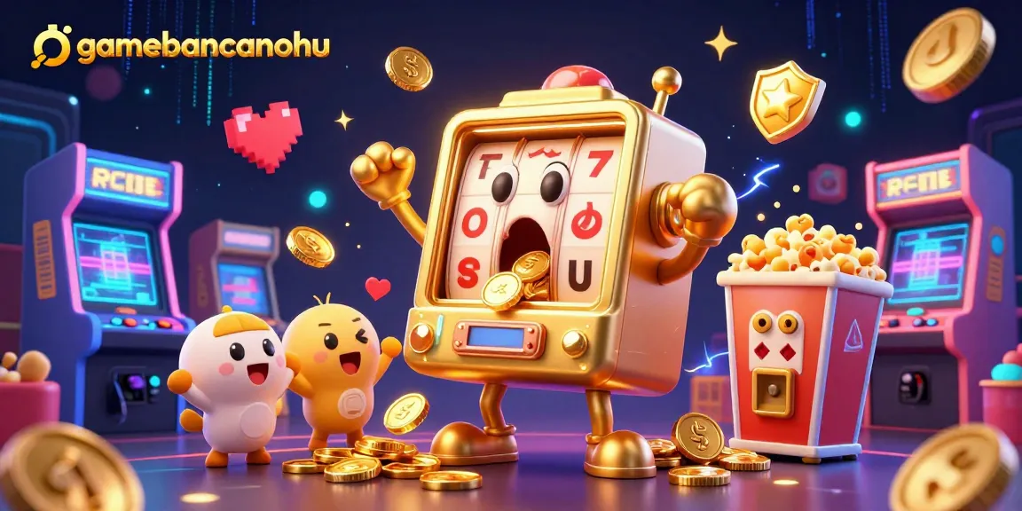 Experience gamebancanohu excitement as a golden slot machine hits a jackpot, surrounded by animated cheer.