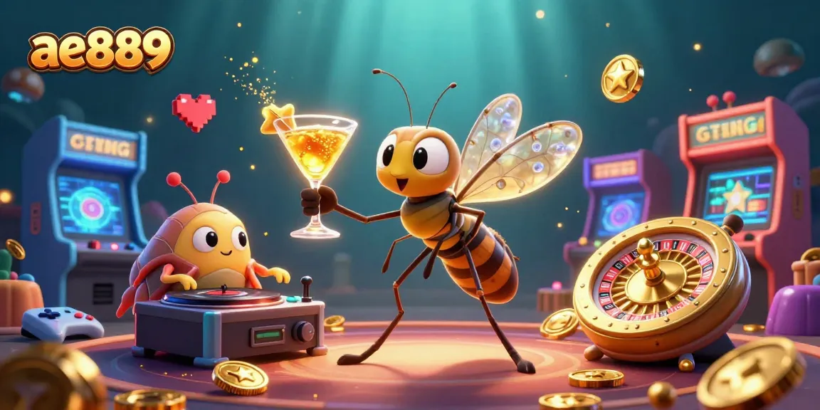 Play to win with ae889's vibrant casino scene showcasing colorful characters, games, and rewards.