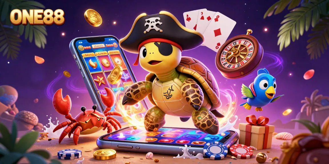 ONE88 engages players with vibrant slot games, featuring a pirate turtle and treasure in a dynamic scene.