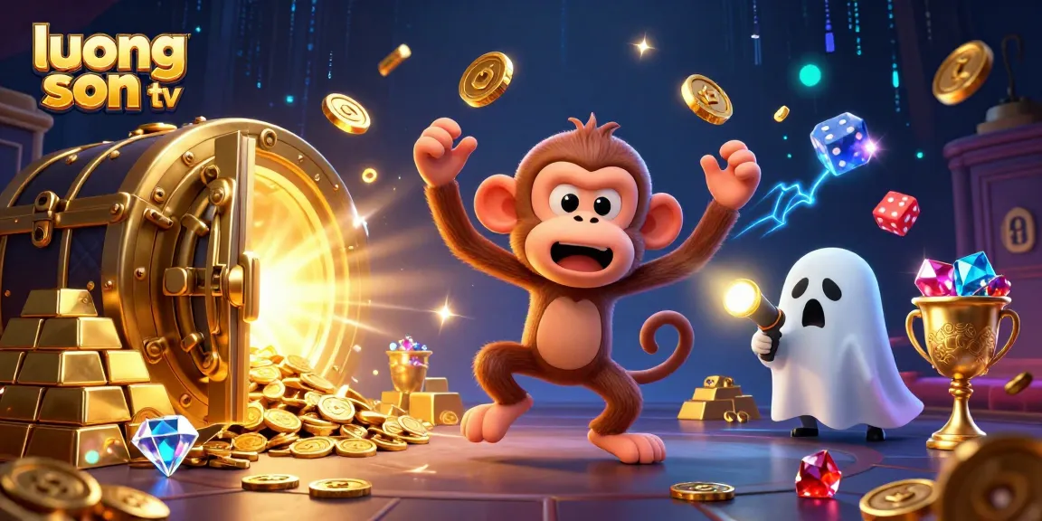 luong son tv showcases a mischievous poltergeist monkey juggles golden coins and cards in a haunted casino scene.