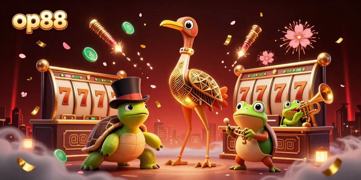Experience the excitement of op88 with a dynamic casino scene featuring thrilling slot reels and vibrant characters.