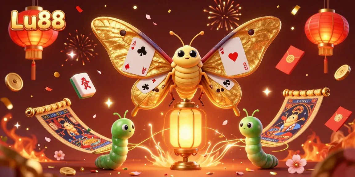 Engage in exciting gameplay at Lu88 with striking golden moth mascots and vibrant casino elements.