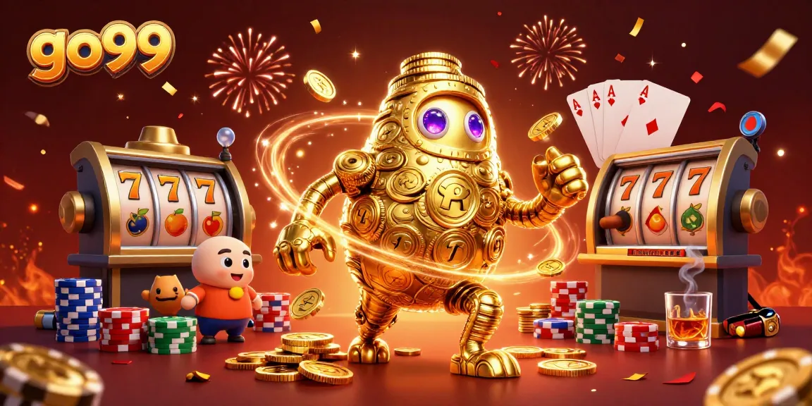 Experience go 99 action with a lively scene of a golden golem and vibrant slot reels.