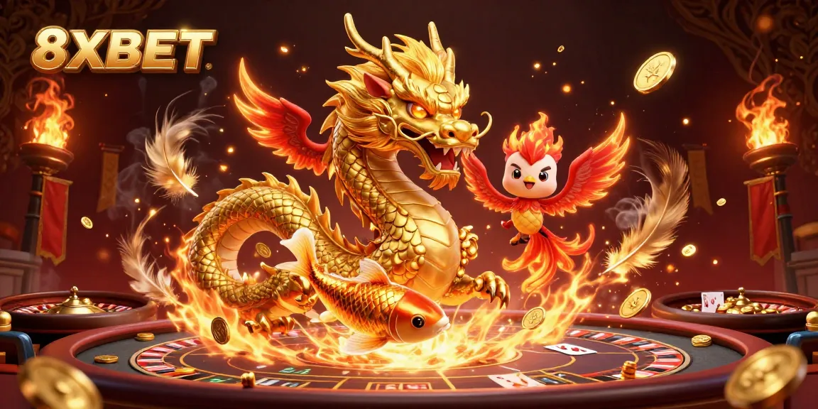 Experience the thrill of winning at 8XBET with vibrant golden dragons and dynamic casino elements.