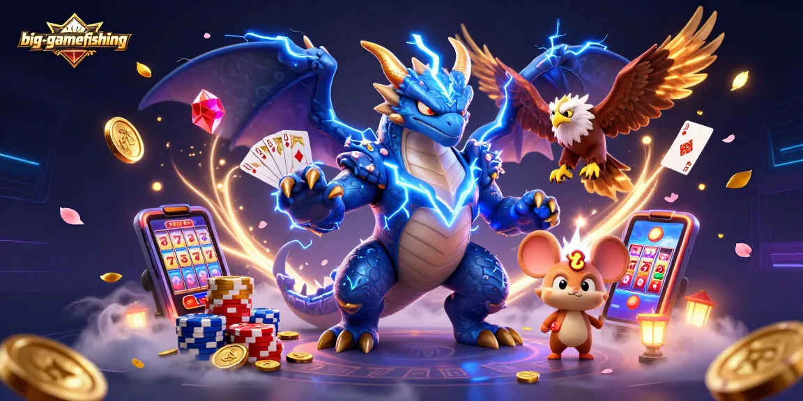 Experience thrilling big-gamefishing action with powerful cartoon dragon and glowing gaming elements.