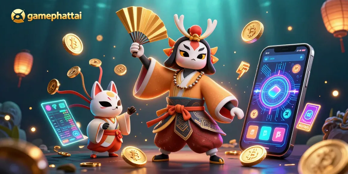 Experience gamephattai with a vibrant 3D illustration of kabuki warriors embodying casino excitement and cryptocurrency elements.