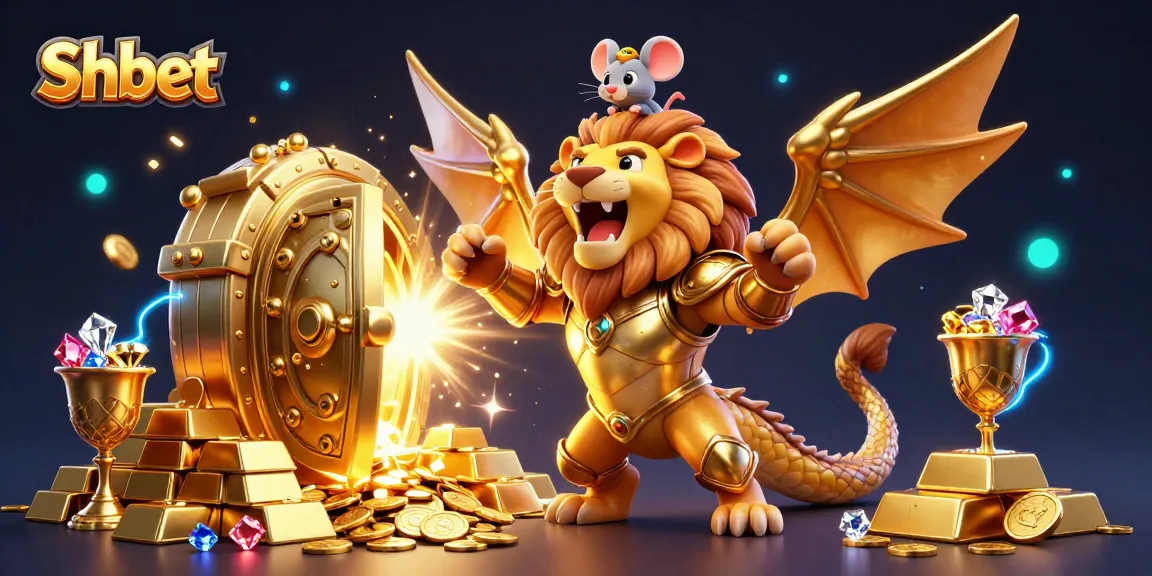 Experience the thrill of Shbet with golden treasures and roaring chimera in a vibrant 3D casino scene.