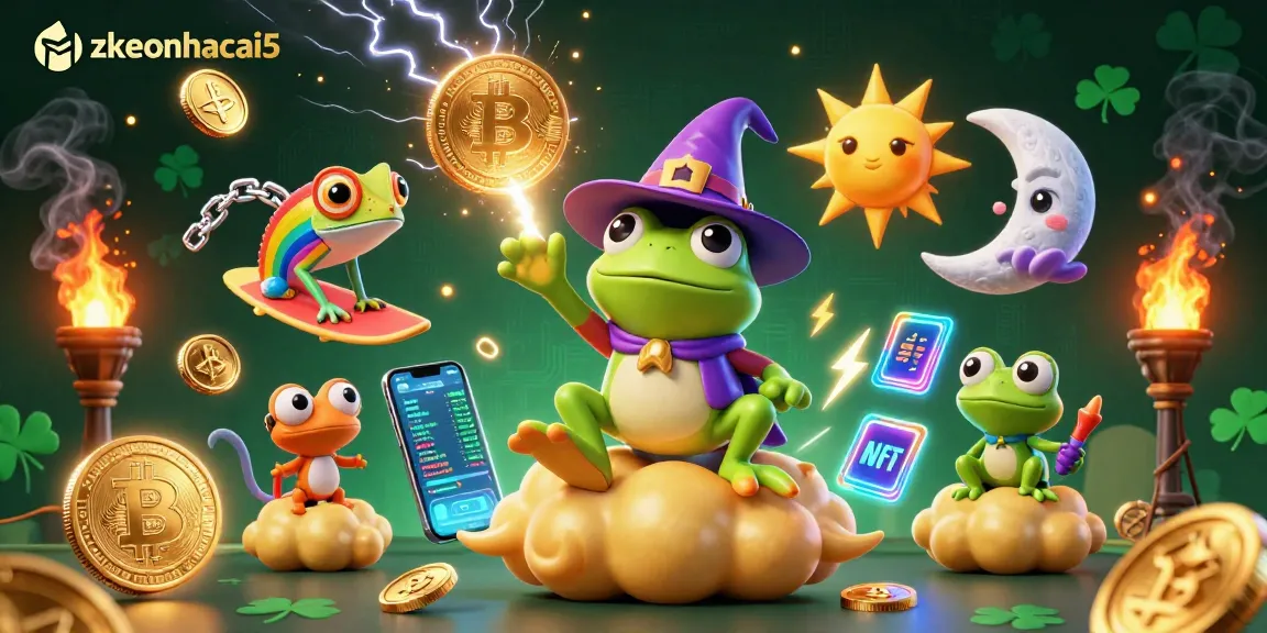 Experience the magic of zkeonhacai5 as a weather wizard frog conjures golden coins in an electrifying scene.