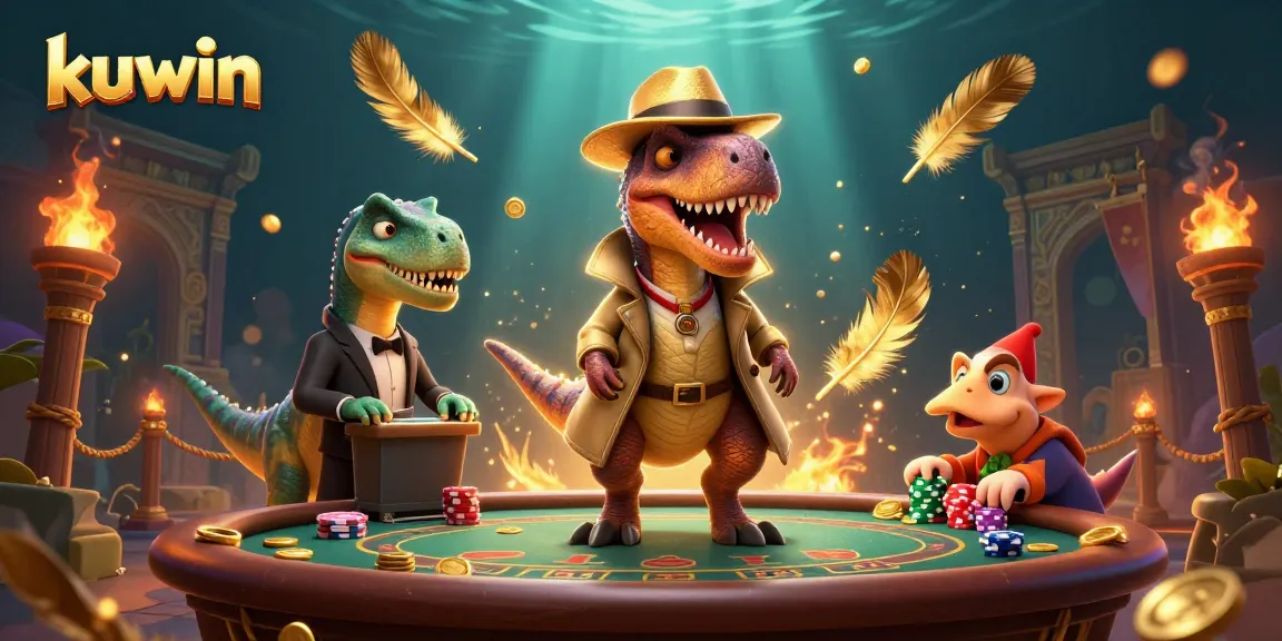 Kuwin showcases a quirky scene with a velociraptor card counter at a blackjack table, enhancing the online gaming experience.