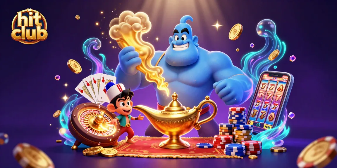 Play and win at hit club with a vibrant casino scene featuring a genie, poker cards, and a roulette wheel.