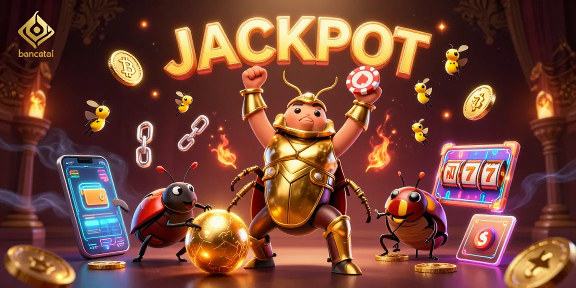 bancatai showcases a victorious beetle in golden armor lifting a poker chip amidst crypto coins and slot symbols.
