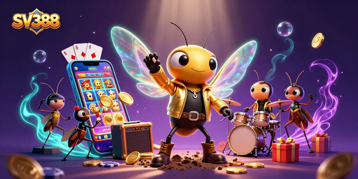 Experience thrilling SV388 action with a cartoon cicada rock star and engaging casino elements.