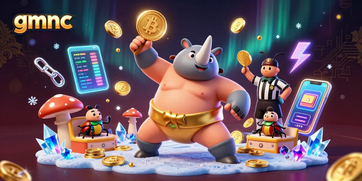 Experience exciting gaming with gmnc as a rhinoceros beetle champion stomps coins amidst crypto symbols.